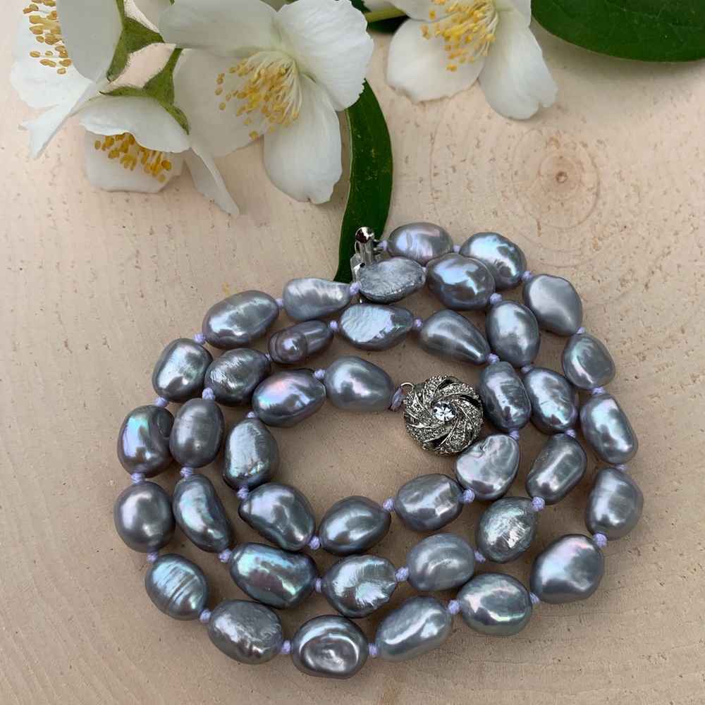 Real Natural Silver Pearl Beaded Necklace Jewelry
